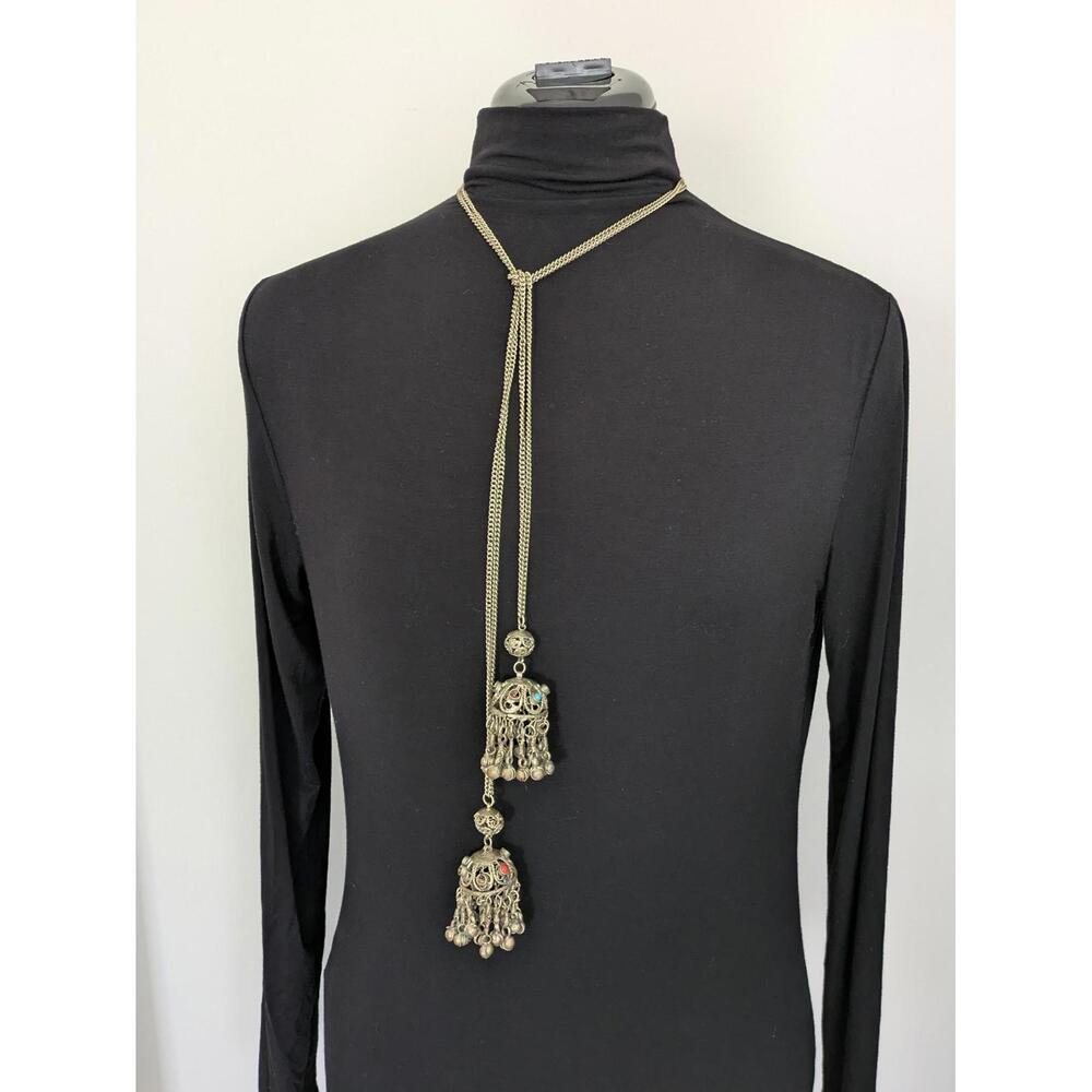 Boho Lariat Necklace or waist chain with Tassel Charms, Aqua, Blue & Red Accents